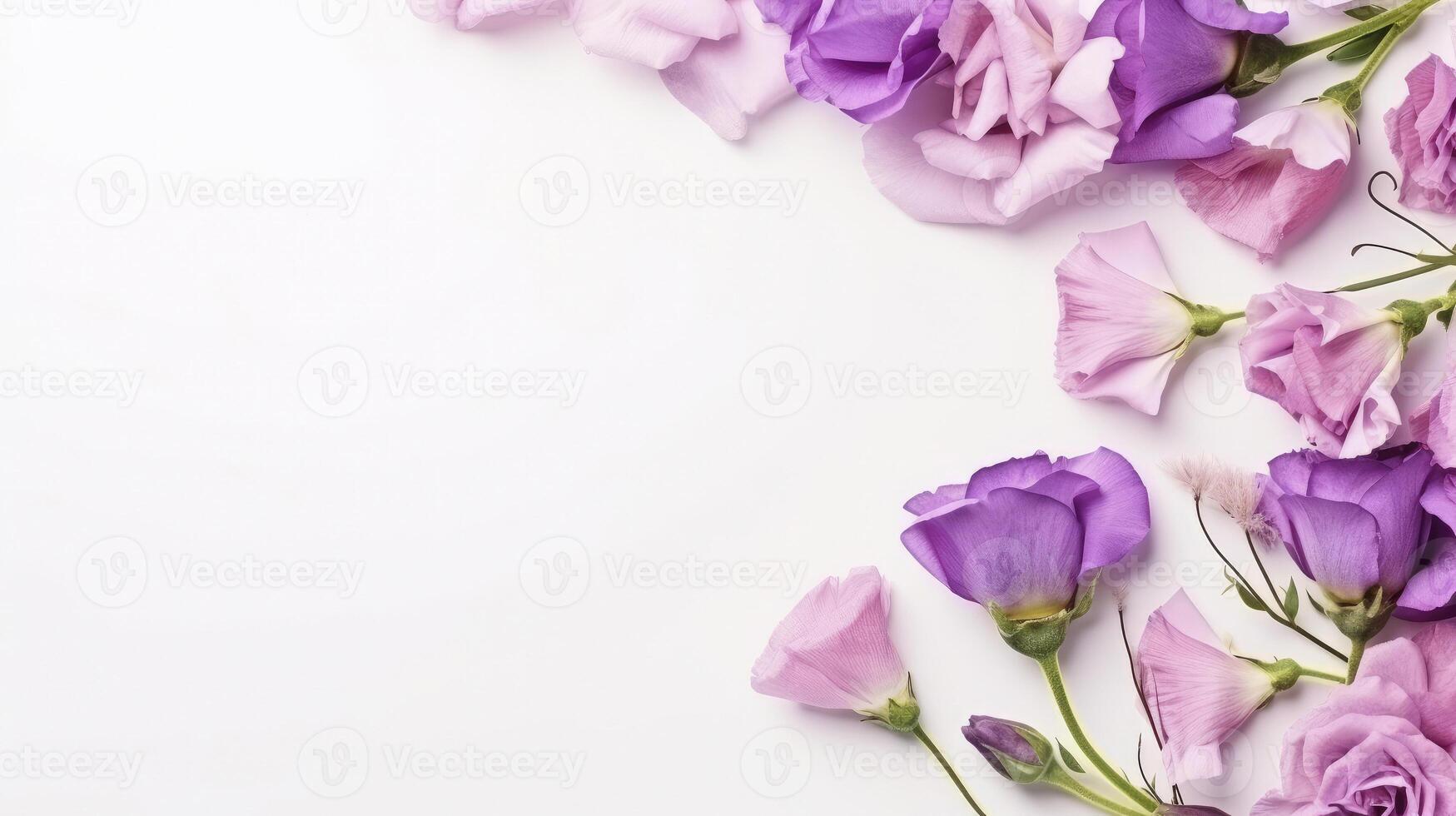 ai generiert Blumen lila Rose und lisianthus Komposition auf ein Weiß Hintergrund Kopieren Raum Vorlage foto
