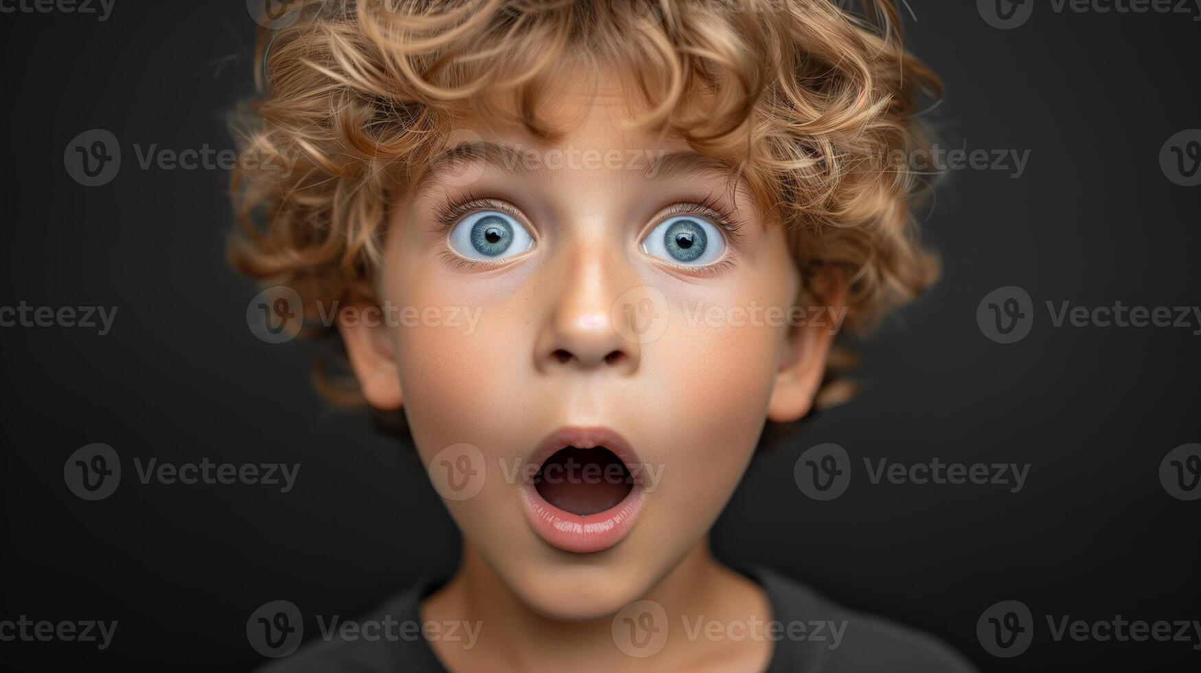 ai generiert Porträt Überraschung Gesicht, Porträt von ein erstaunt Junge mit ein öffnen Mund und runden groß Augen, erstaunt Ausdruck, suchen Kamera. schwarz Hintergrund. foto