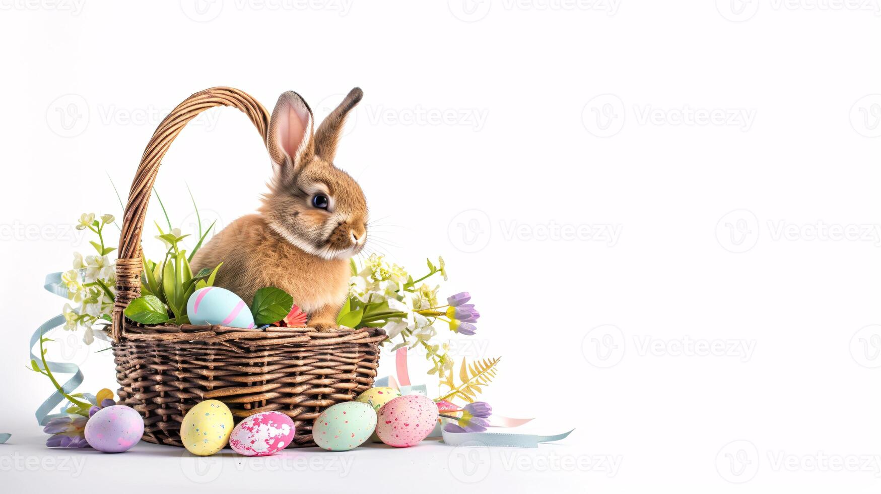 ai generiert ein Ostern Korb mit ein Hase Sitzung im es stiehlt das Scheinwerfer, sorgfältig vereinbart worden gegen ein klar, strahlend Weiß Hintergrund und Kopieren Raum zum Text foto