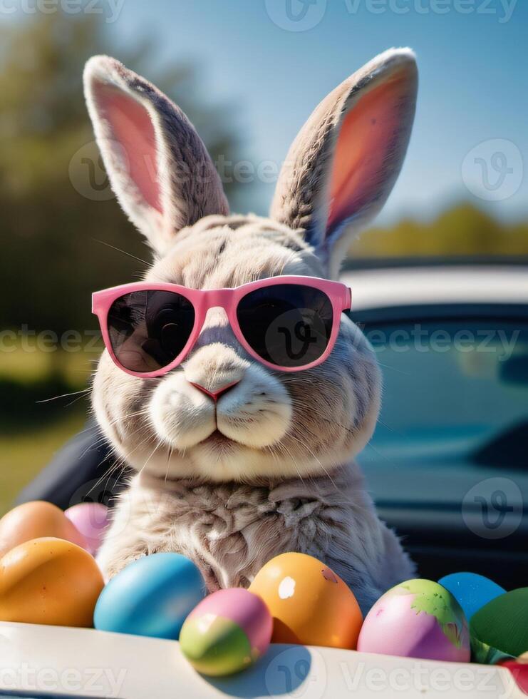 ai generiert Foto von süß Ostern Hase mit Sonnenbrille suchen aus von ein Auto abgelegt mit Ostern Eier. ai generiert