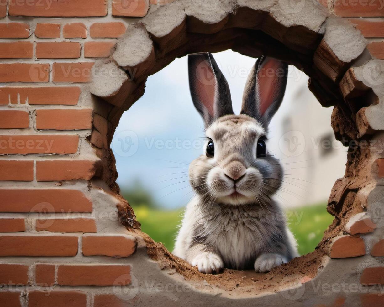 ai generiert Foto von Ostern Hase Poster spähen aus von ein Loch im das Mauer mit Hase springt aus von ein zerrissen Loch. ai generiert