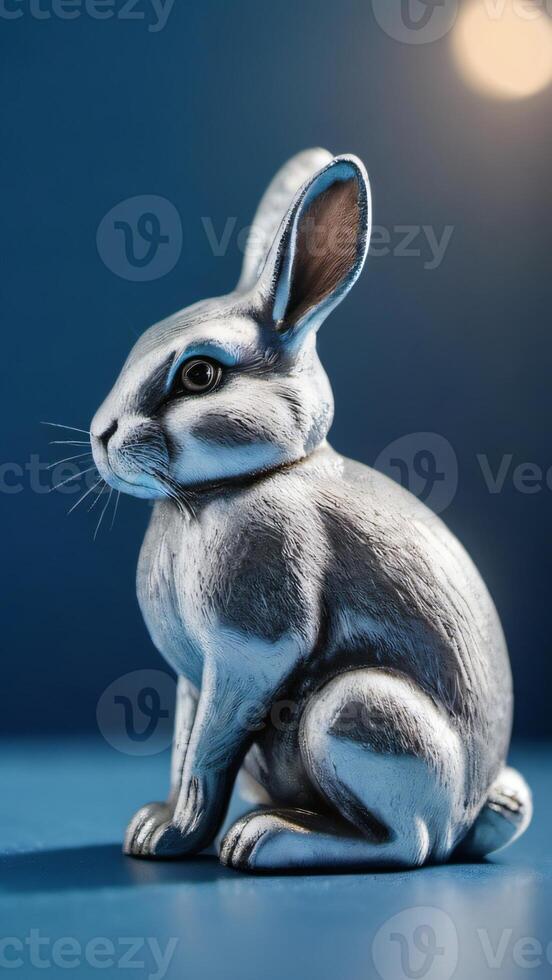 ai generiert Foto von ein glänzend Silber Hase Hase Figur Sitzung auf ein Blau Oberfläche mit es ist Kopf gedreht Weg von das Kamera. ai generiert