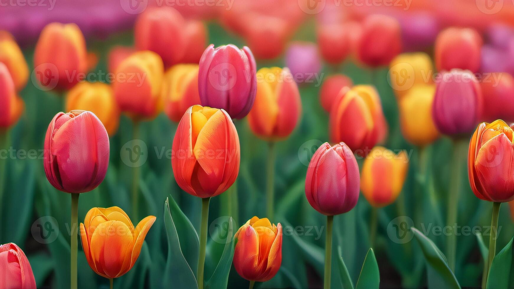 ai generiert Foto von Frühling Sommer- Tulpen Blume Hintergrund Banner Panorama abstrakt Öl Acryl Gemälde von bunt Tulpe Feld auf Leinwand. ai generiert