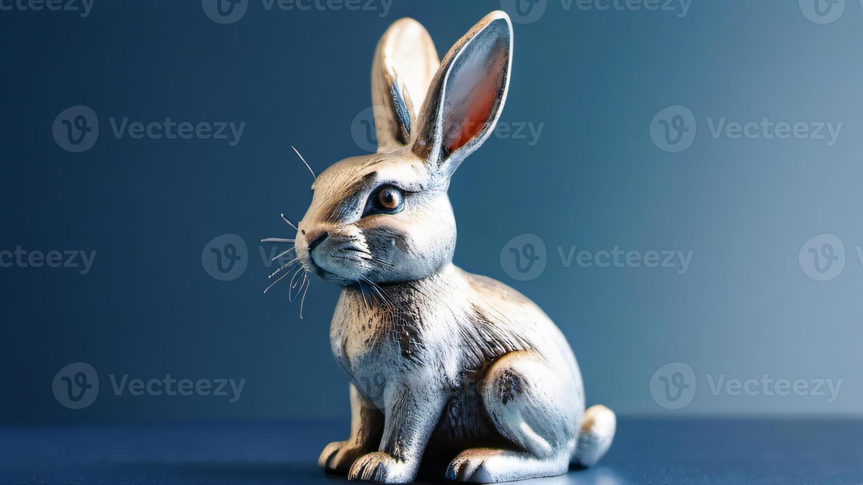 ai generiert Foto von ein glänzend Silber Hase Hase Figur Sitzung auf ein Blau Oberfläche mit es ist Kopf gedreht Weg von das Kamera. ai generiert