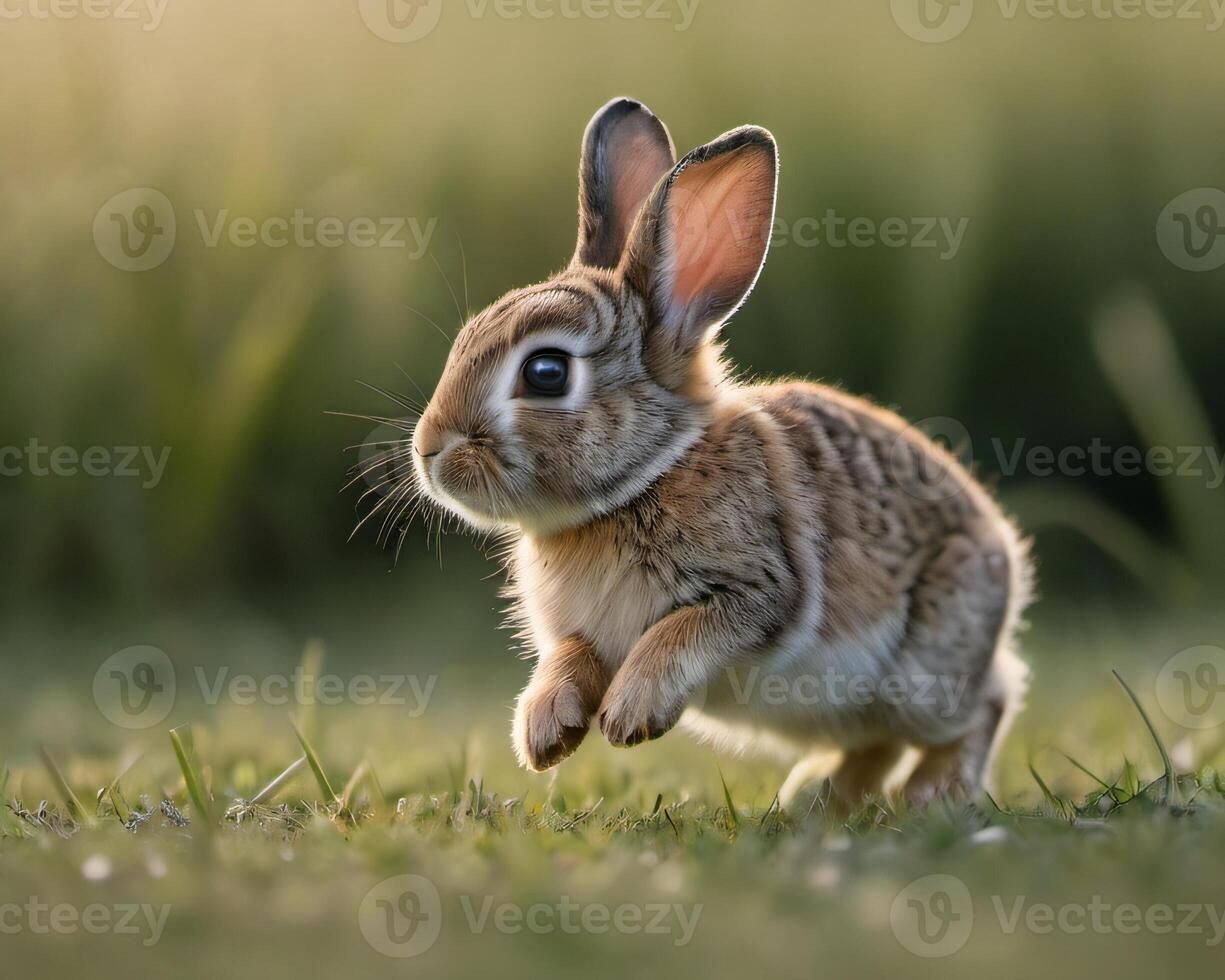 ai generiert Foto von ein Baby Hase Hüpfen über ein Wiese es ist Nase Zucken und es ist Ohren munter hoch. ai generiert