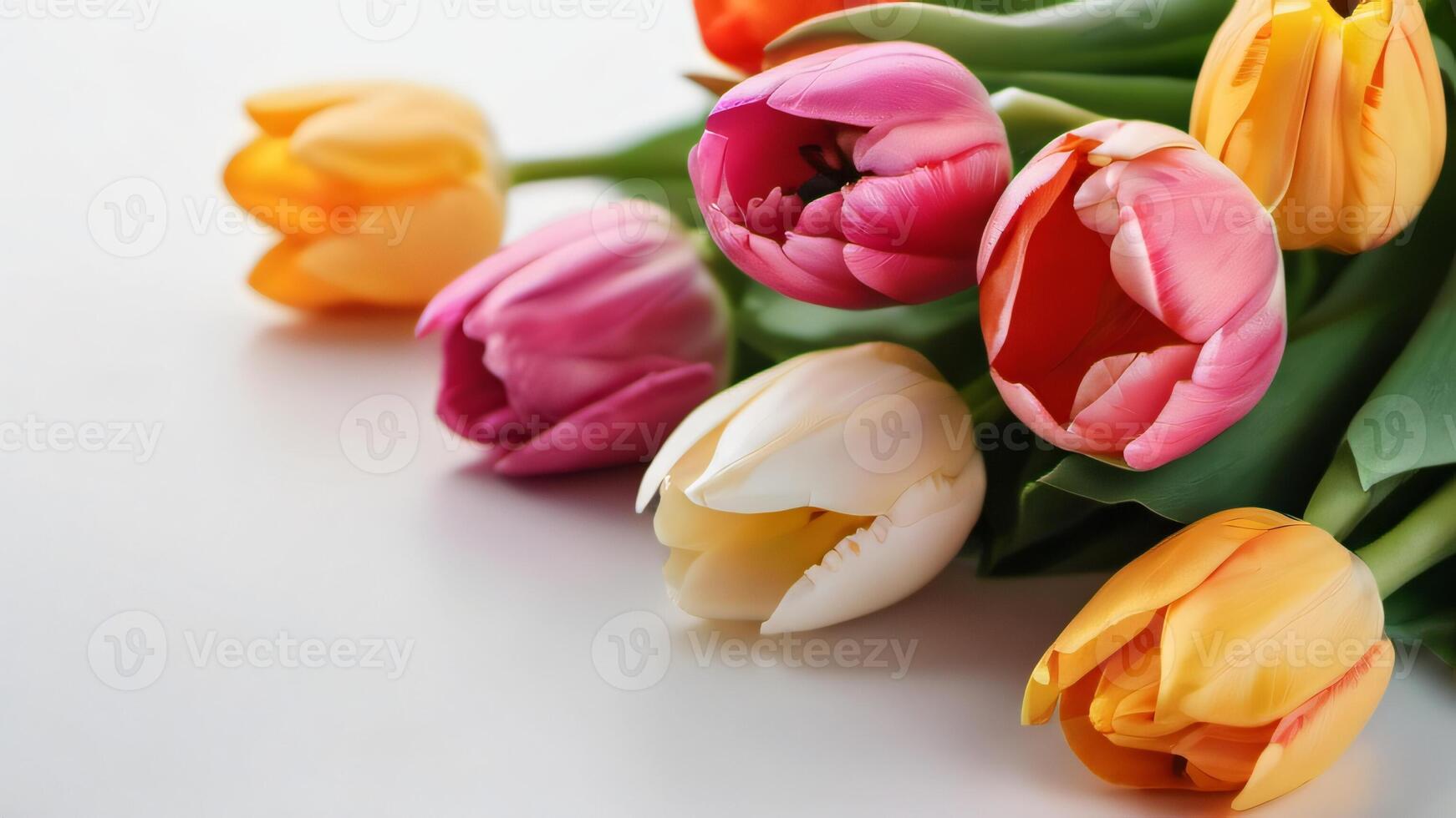 ai generiert Foto von bunt Frühling Blumen- Hintergrund Tulpen auf ein Weiß Hintergrund. ai generiert