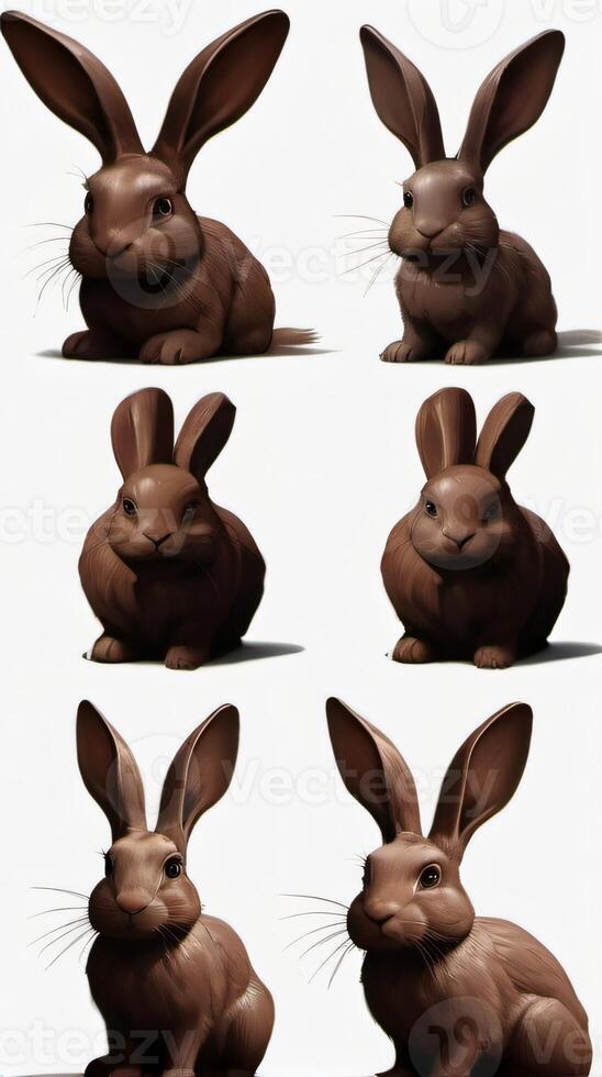 ai generiert Foto von Schokolade Hase Hase einstellen verschiedene Schokolade Hase Hase im Vorderseite und Profil isoliert auf ein Weiß Hintergrund. ai generiert
