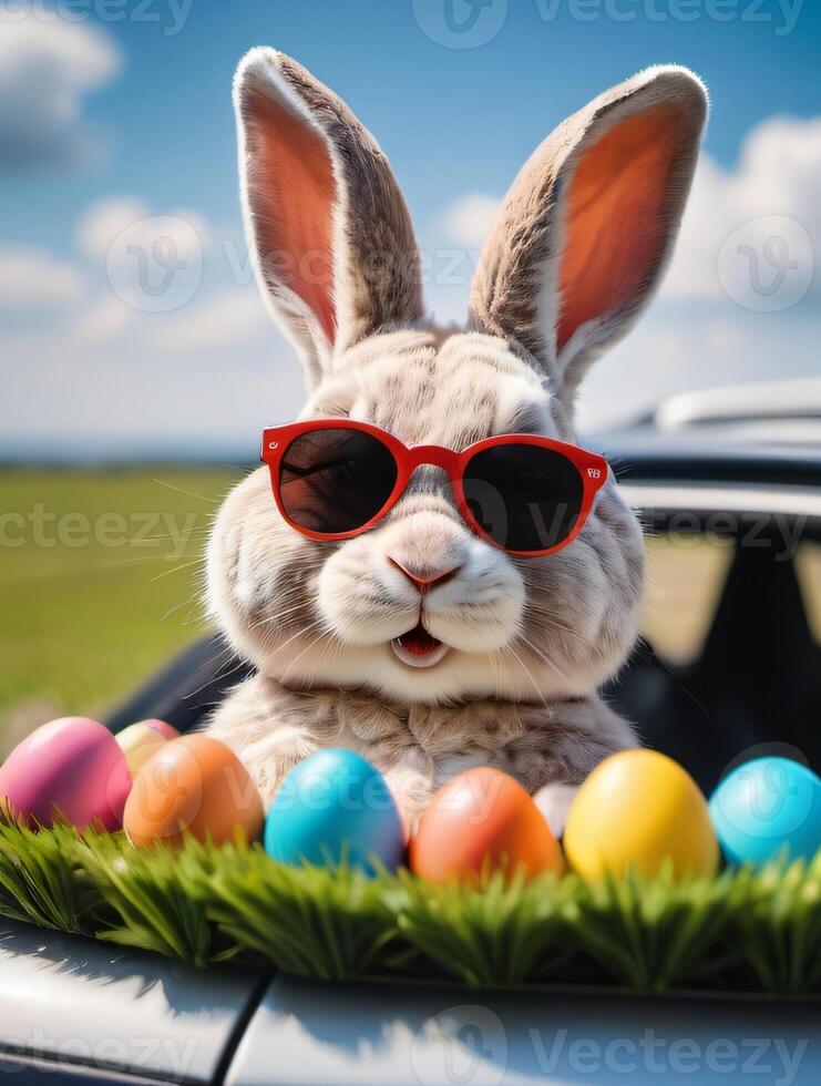 ai generiert Foto von süß Ostern Hase mit Sonnenbrille suchen aus von ein Auto abgelegt mit Ostern Eier. ai generiert