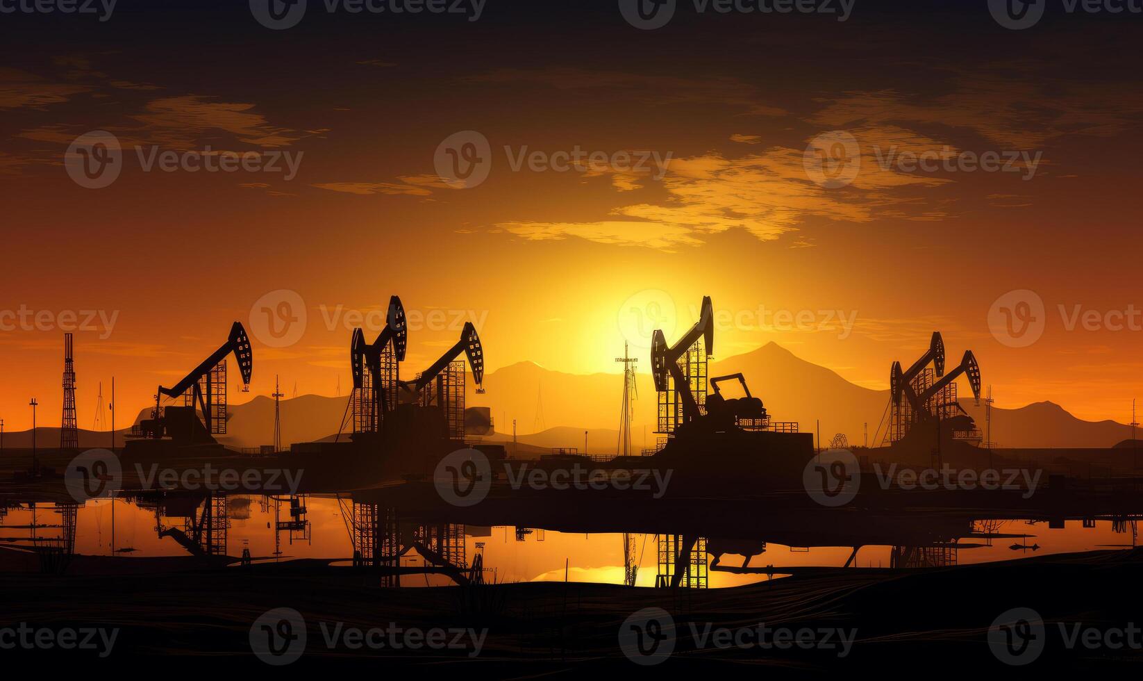 ai generiert Öl Pumps und das Sonnenuntergang auf das Hintergrund von Berge foto