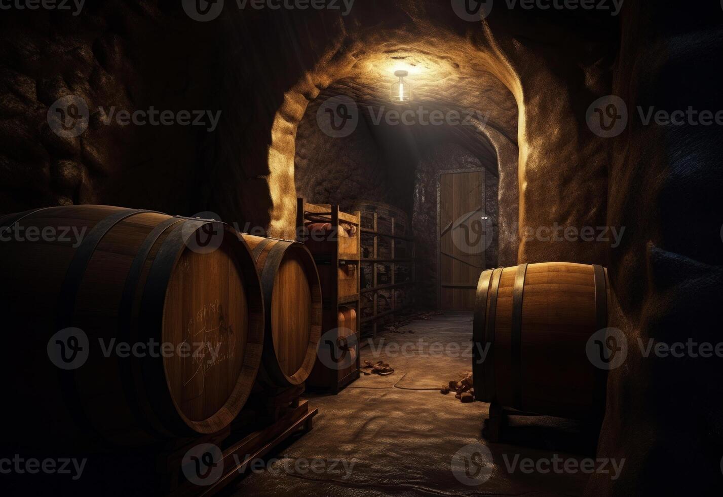 ai generiert Wein Fässer gestapelt im das alt Keller von das Weingut. foto