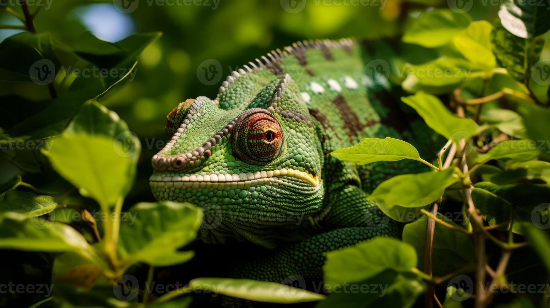 ai generiert ein Chamäleon mischen im mit Garten Laub foto