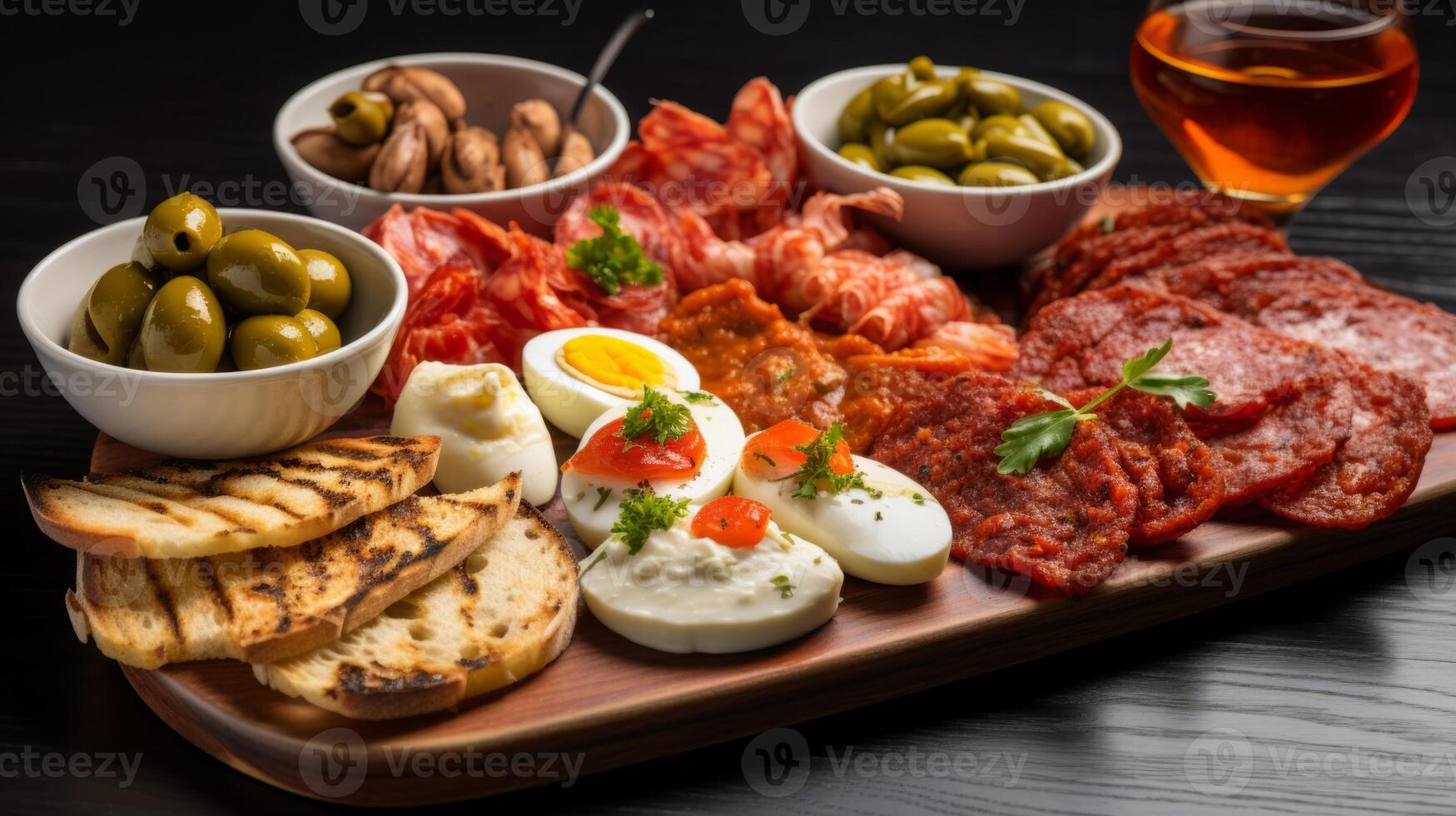 ai generiert ein Teller von köstlich Tapas mit ein Vielfalt von Aromen und Texturen foto