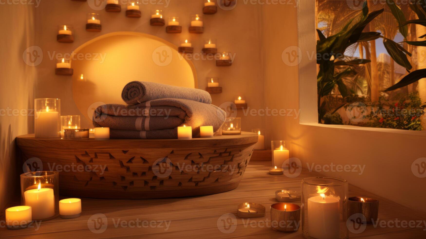 ai generiert ein heiter ayurvedisch Spa mit Kerzen und natürlich Dekor foto