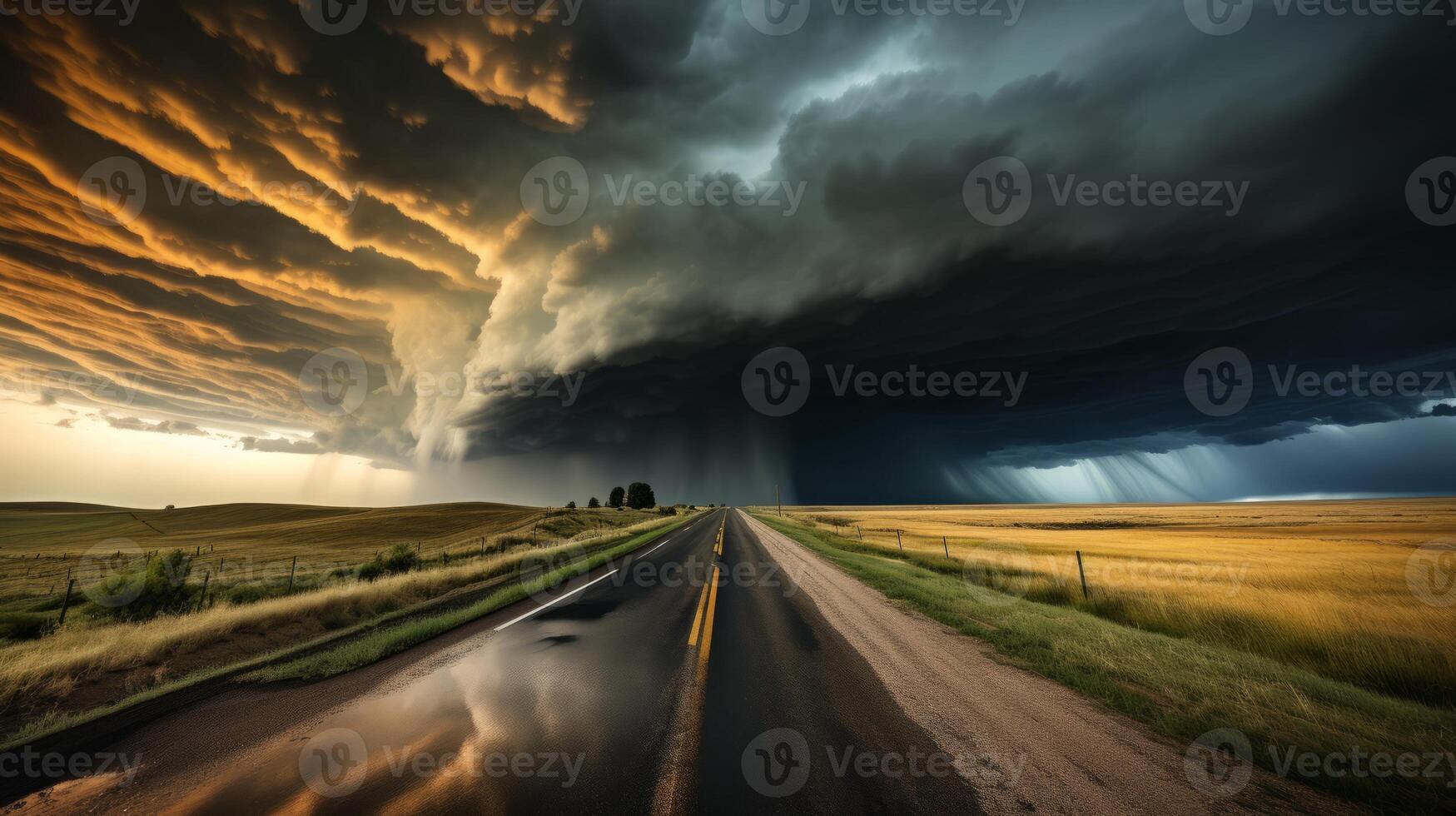 ai generiert ein Straße mit ein dramatisch, stürmisch Himmel Overhead foto