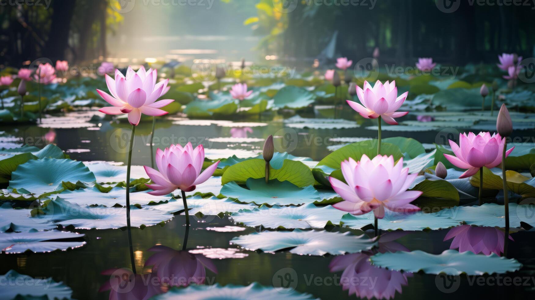 ai generiert ein Lotus Teich mit heiter Reflexionen foto