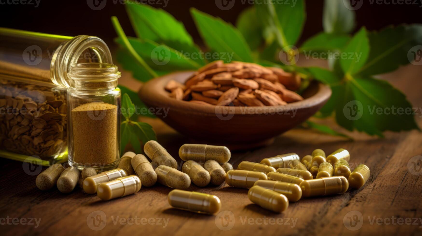 ai generiert ayurvedisch Kräuter- Ergänzungen und Vitamine foto