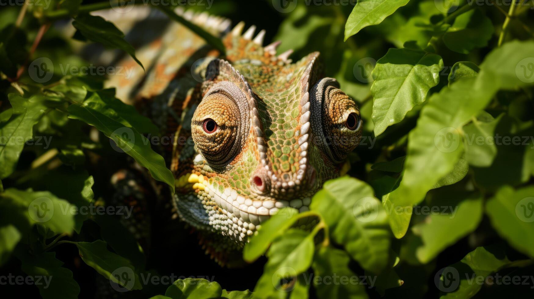 ai generiert ein Chamäleon Tarnung unter Garten Laub foto