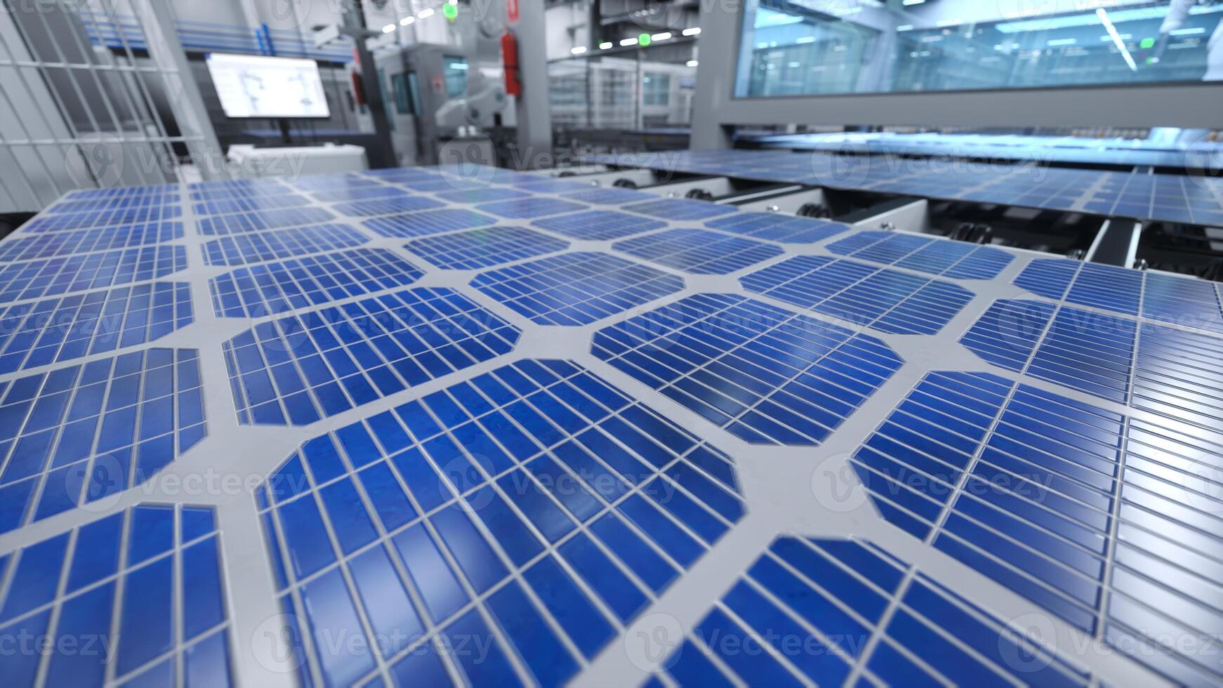 Solar- Panel platziert auf Förderer Gürtel, betrieben durch industriell Roboter Arm, ziehen um um Einrichtung, 3d Illustration. schließen oben von Photovoltaik Zelle produziert im Grün Energie Herstellung Warenhaus foto