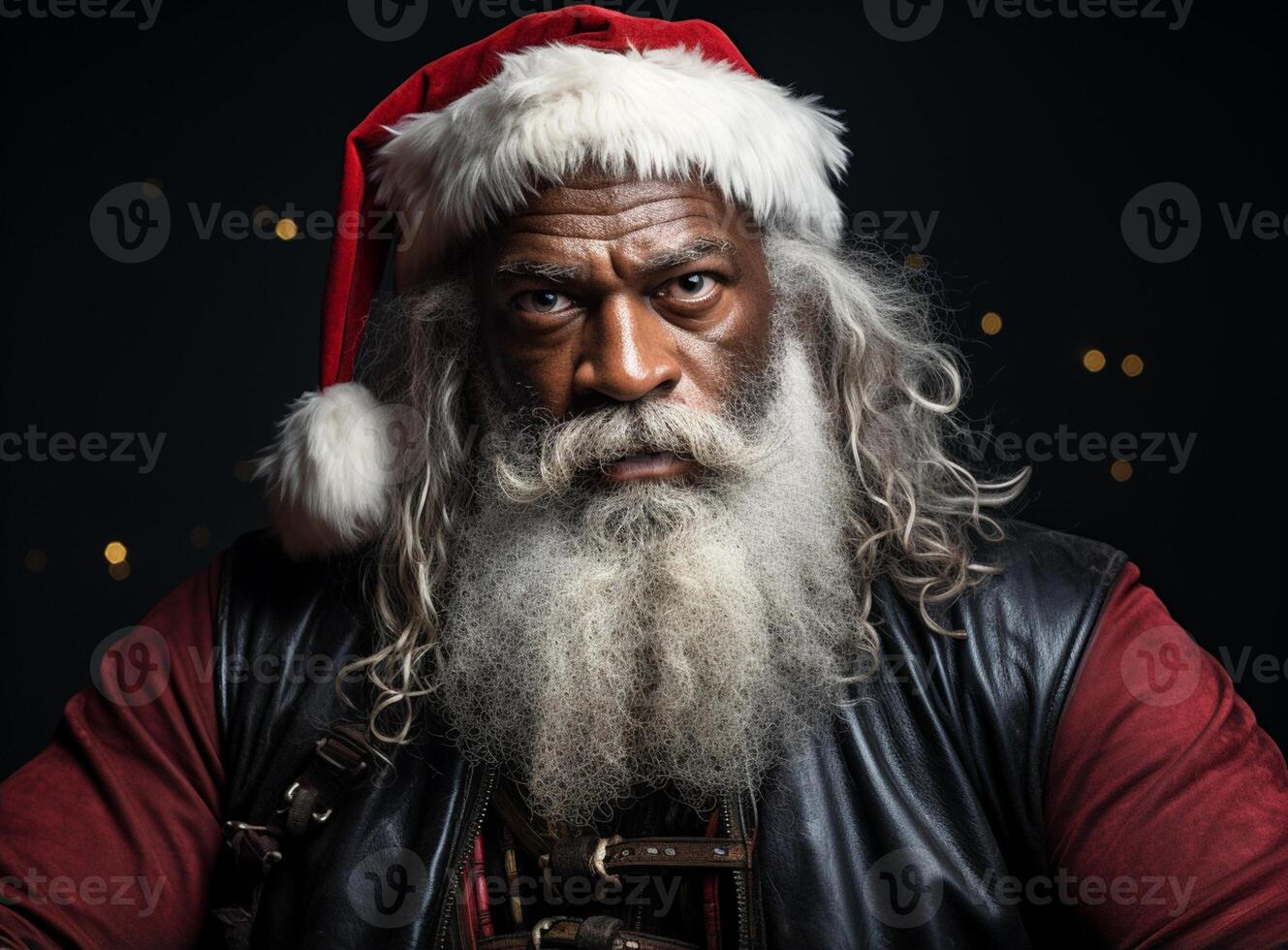 ai generiert Porträt von Senior afrikanisch amerikanisch Mann tragen ein Kostüm von Santa claus und halten Geschenke, suchen beim Kamera und lächelnd. Qualität Familie Zeit Weihnachten Feier. foto