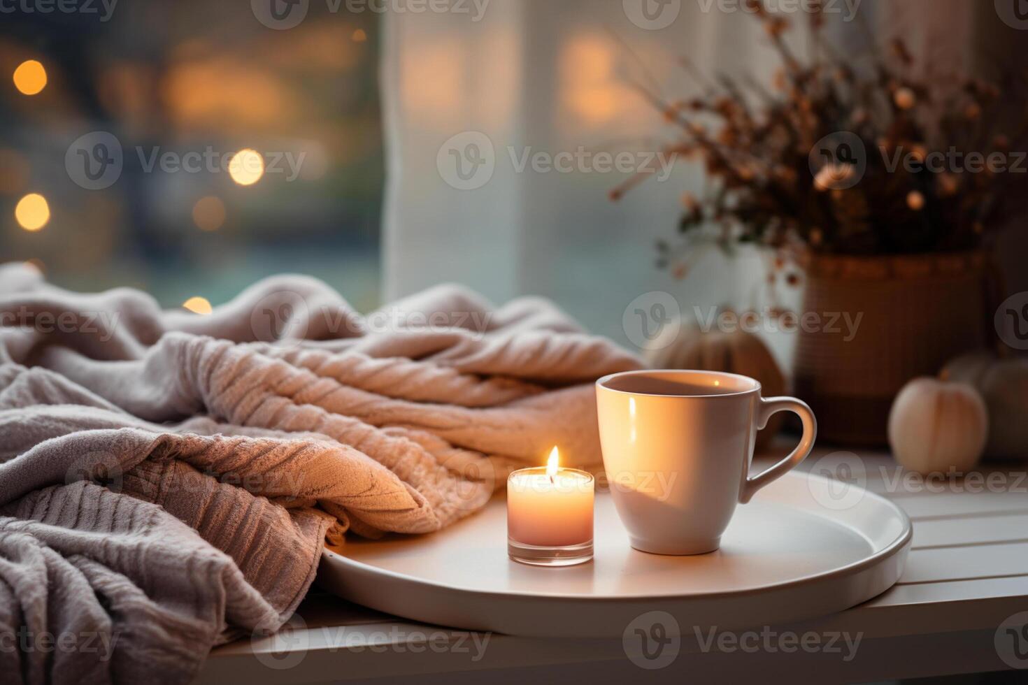 ai generiert Jahreszeit, Freizeit und Objekte Konzept - - Tasse mit Gittergewebe Tee Infuser Ball, Kerze auf Fenster Schwelle beim Zuhause foto