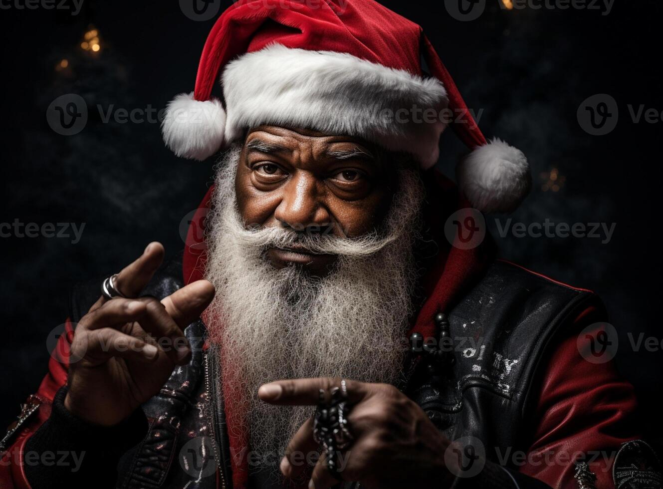 ai generiert Porträt von Senior afrikanisch amerikanisch Mann tragen ein Kostüm von Santa claus und halten Geschenke, suchen beim Kamera und lächelnd. Qualität Familie Zeit Weihnachten Feier. foto