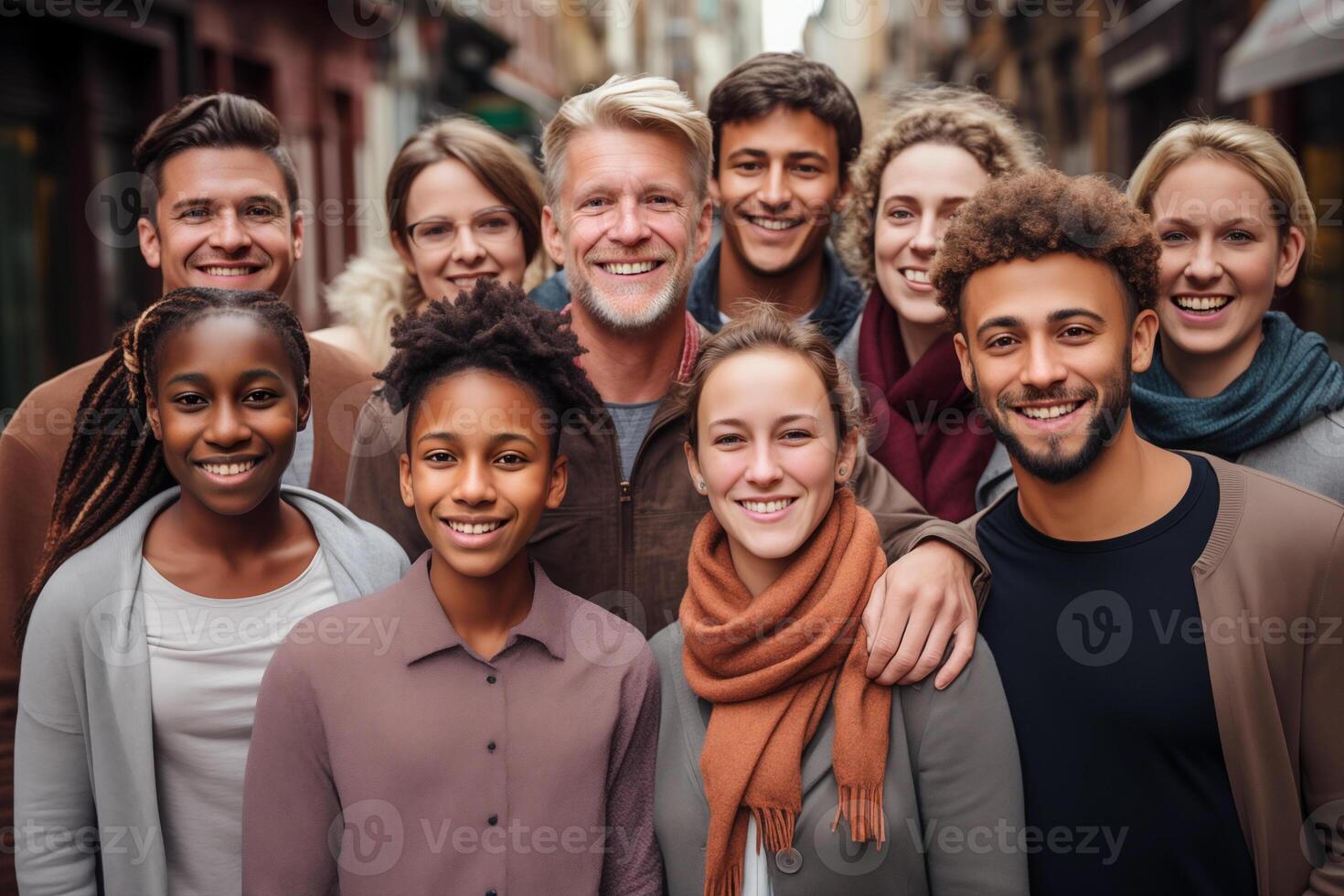 ai generiert ein Gruppe von glücklich Vielfalt von Alter und Nationalitäten Kollege. Menschen und Vielfalt Konzept foto