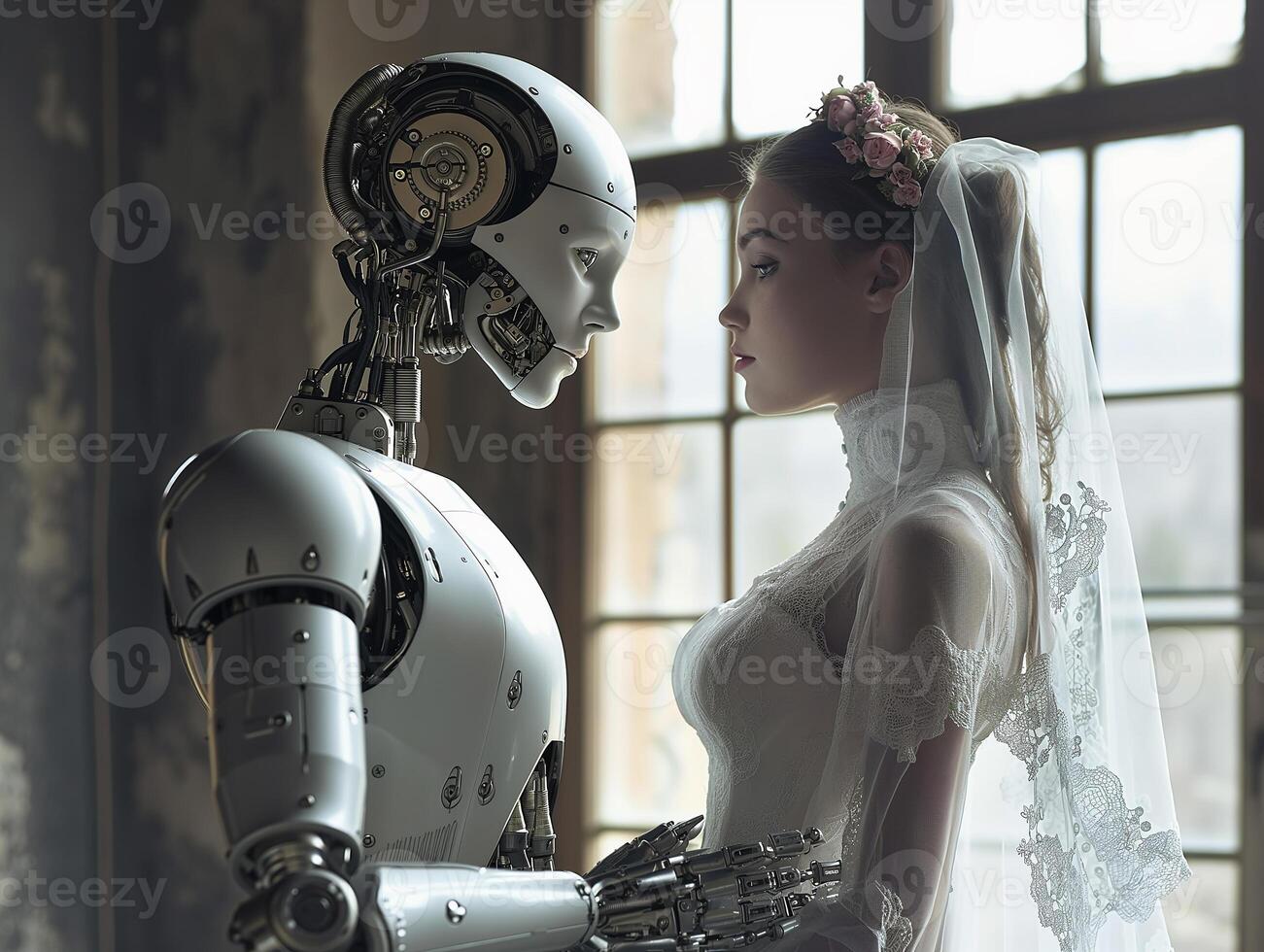 ai generiert Roboter und Frau Hochzeit Tag. Android Cyborg Roboter heiratet ein Frau. Mensch Braut im ein Weiß Hochzeit Kleid. fotorealistisch Hintergrund mit Bokeh Wirkung. ai generiert. foto