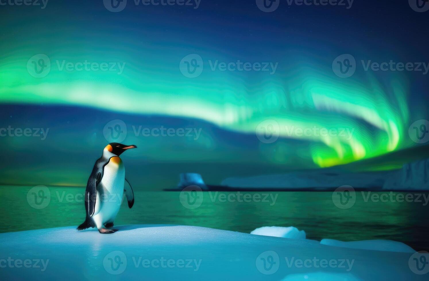 ai generiert Welt Pinguin Tag, ein einsam Erwachsene Pinguin auf ein Eis Scholle, ein Eisberg im das Ozean, das Königreich von Eis und Schnee, das Nord Beleuchtung, das weit Norden foto