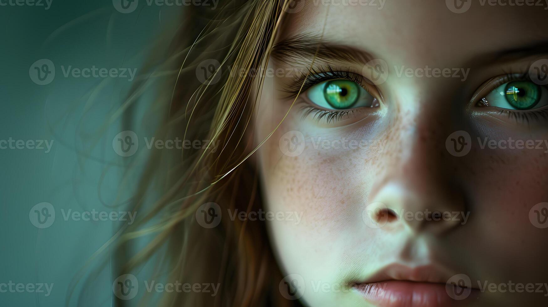 ai generiert Nahansicht von Frau mit Grün Augen foto