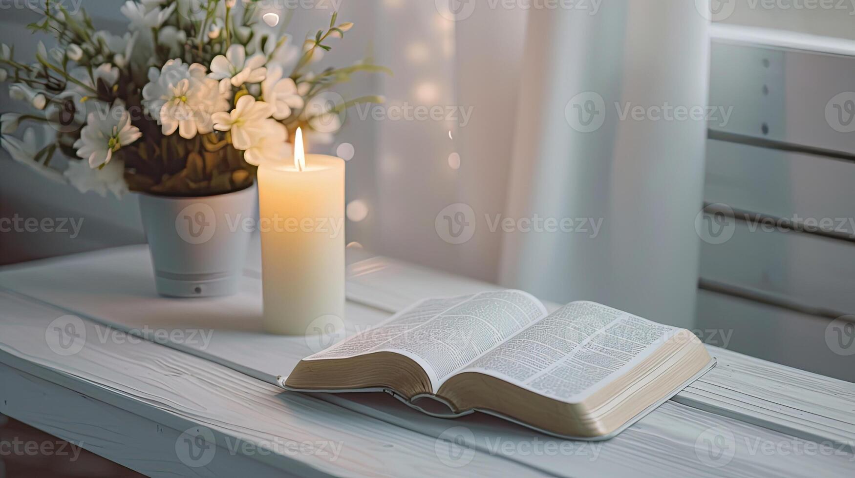 ai generiert ein öffnen heilig Buch, das Bibel, Nächster zu ein Verbrennung Kerze auf ein Weiß hölzern Tisch, während kommunizieren mit Gott foto