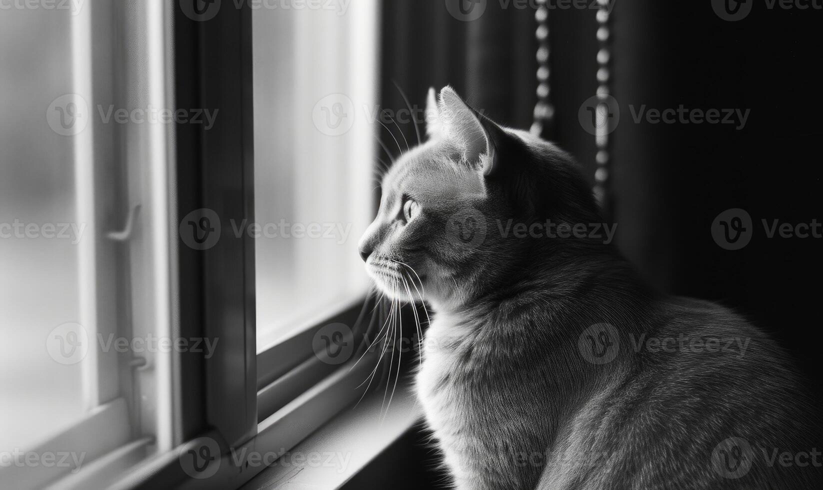 ai generiert Porträt von ein Katze auf das Fenster. schwarz und Weiß Foto. foto