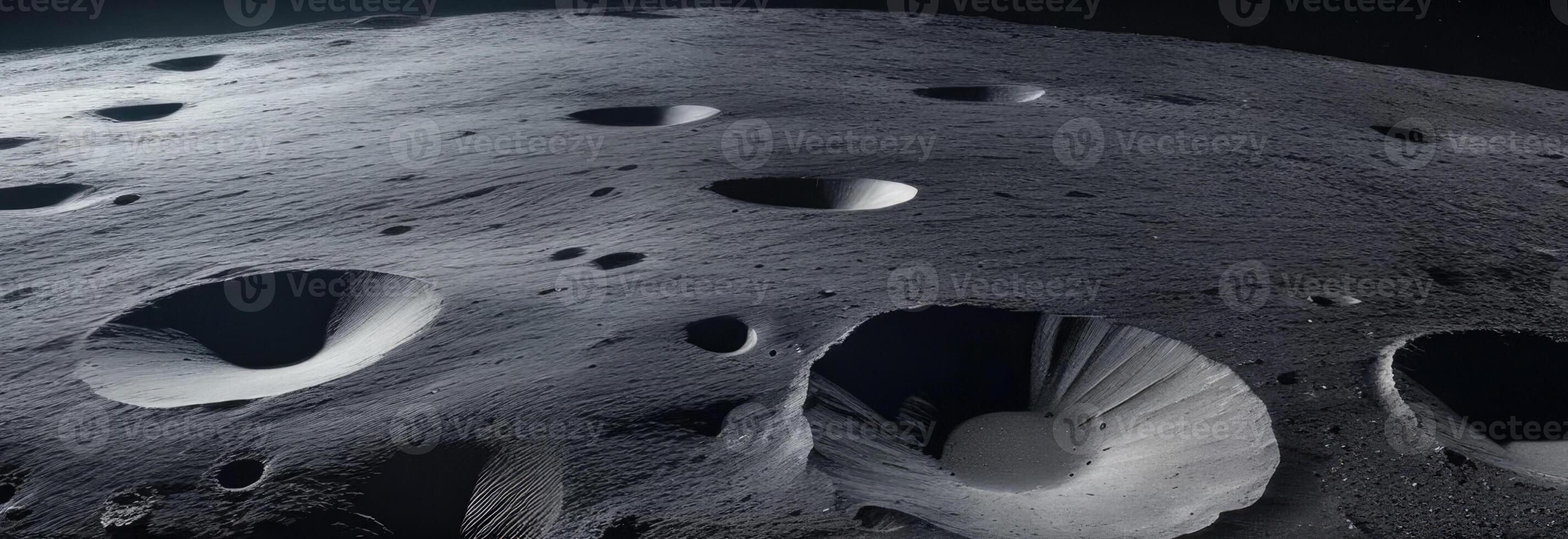 ai generiert Luftfahrt und Kosmonautik Tag, International Tag von Mensch Weltraumflug, Raum Expedition, Krater auf das Oberfläche von das Mond, Raum Wüste, horizontal Banner foto