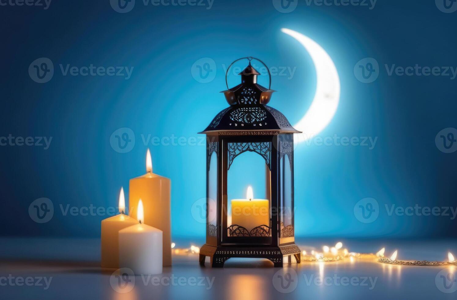 ai generiert lag al-Qadr, eid al-fitr, heilig Monat von Ramadan, arabisch Laterne Fanus, Kerzen, Halbmond Mond und Sterne, Girlande, magisch Atmosphäre, Blau Hintergrund foto