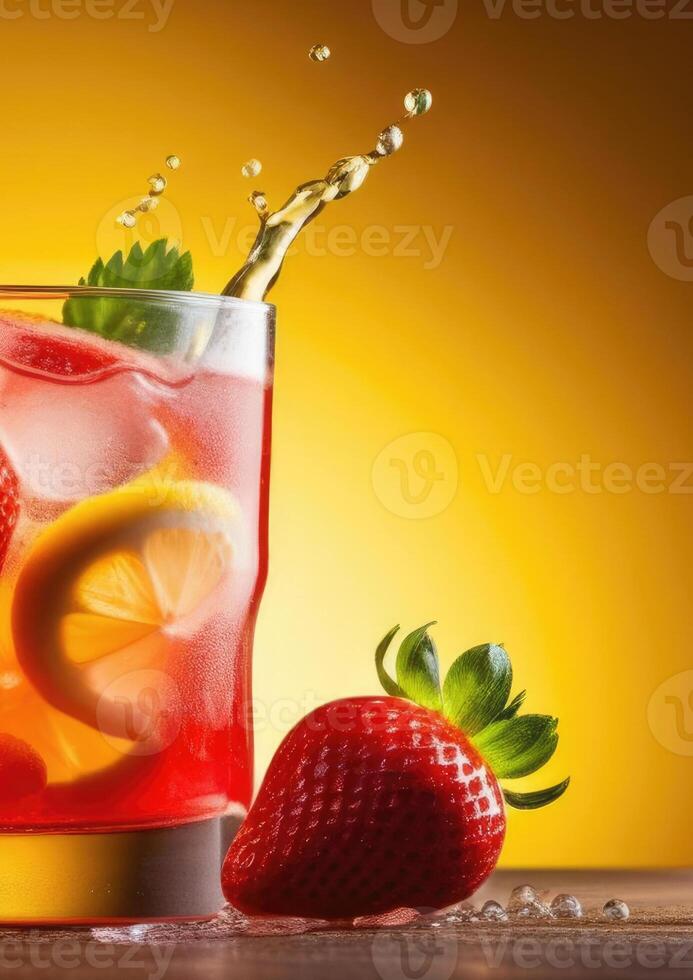 ai generiert Glas von nicht alkoholisch Erdbeere Limonade mit Minze, frisch Sommer- Cocktail mit Eis, Entgiftung Wasser, erfrischend trinken, Beere Cocktail foto