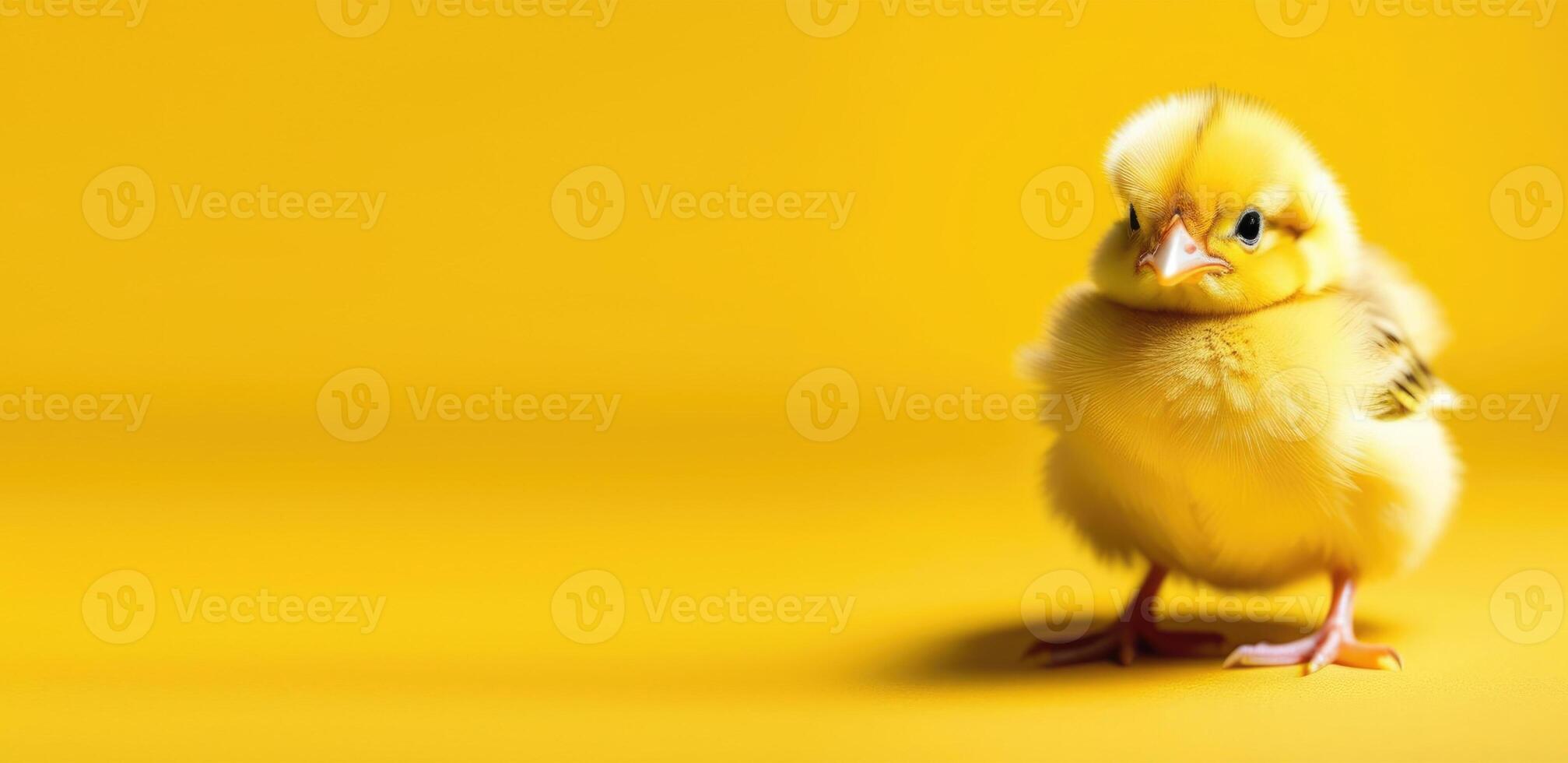 ai generiert Welt Vogel Tag, Ostern, wenig Ostern Huhn, Gelb Küken, Geflügel, Gelb Hintergrund, horizontal Banner, Platz zum Text foto