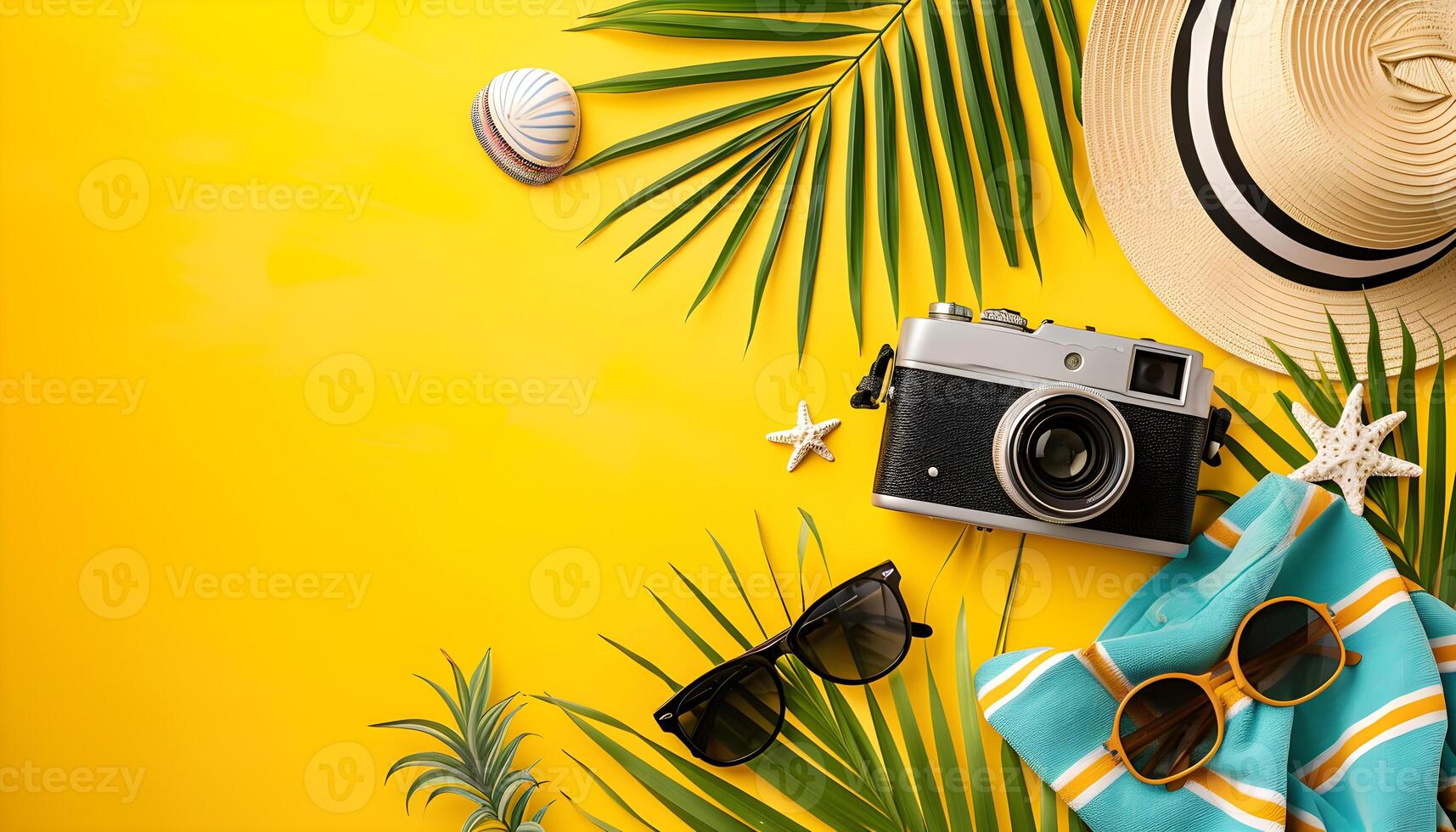 ai generiert Sommer- Urlaub, Strand Zubehör auf das Gelb Hintergrund foto