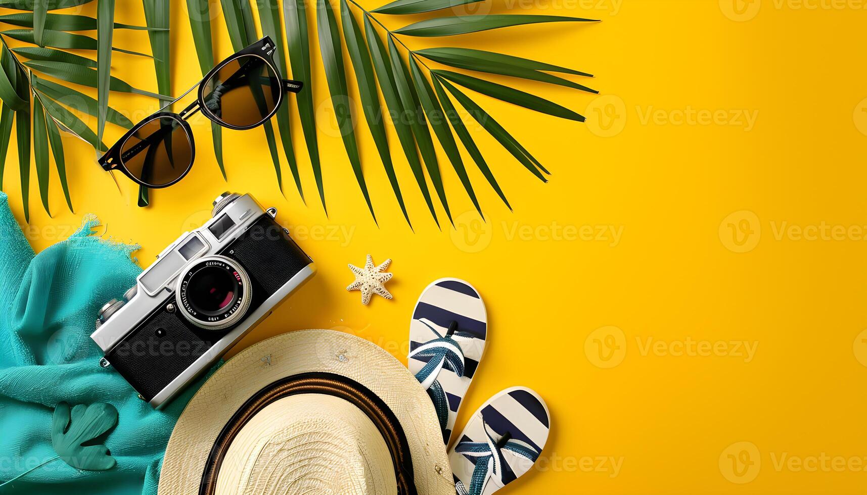 ai generiert Sommer- Urlaub, Strand Zubehör auf das Gelb Hintergrund foto