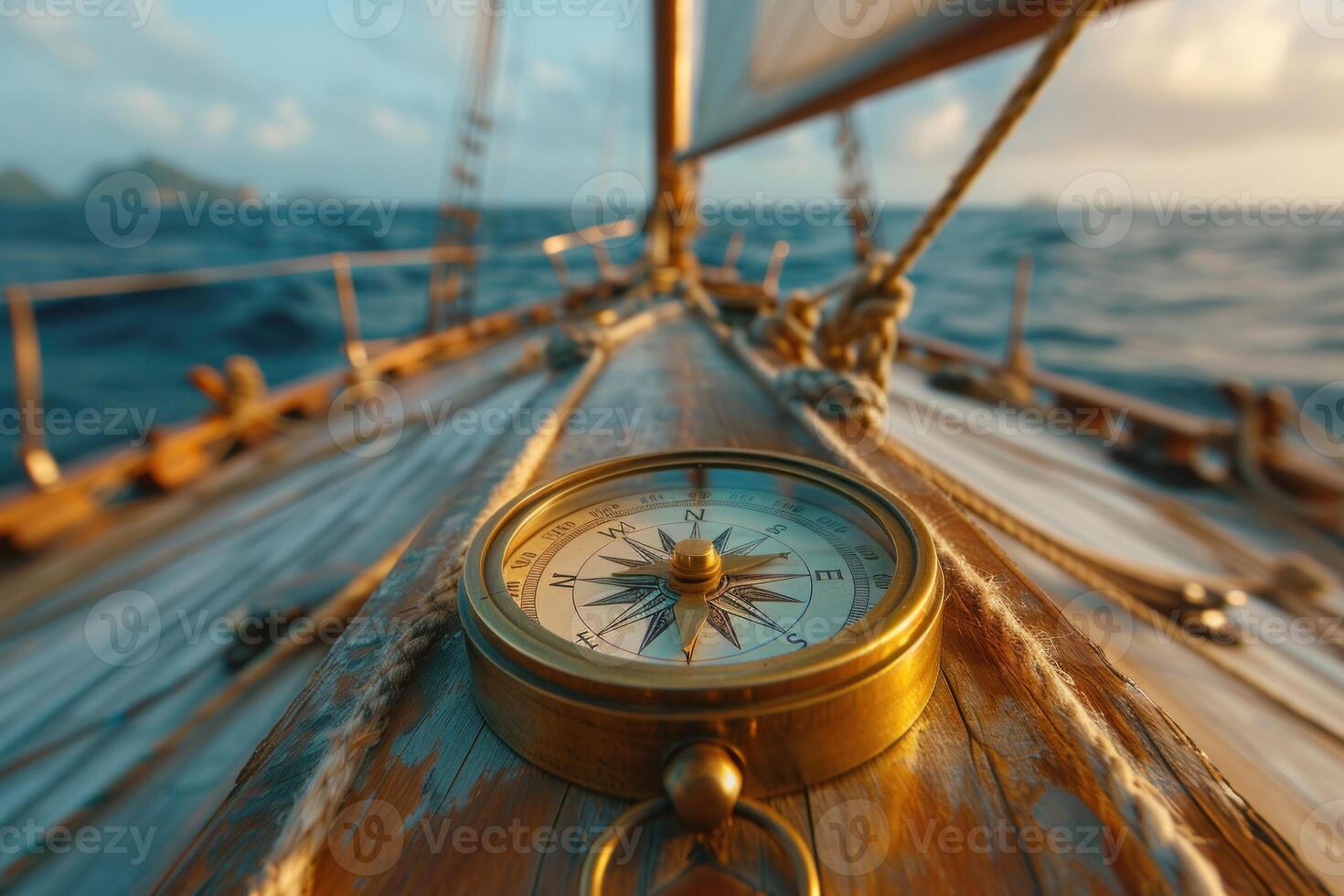 ai generiert Jahrgang Kompass auf Segelboot Deck beim Sonnenuntergang. ein detailliert Aussicht von ein Jahrgang Kompass auf ein hölzern Segelboot Deck, navigieren das Meer beim Sonnenuntergang. foto