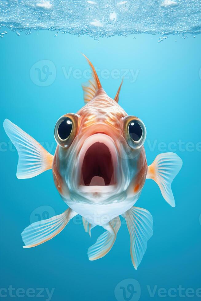 ai generiert Niedlich, überrascht Fisch mit groß Augen auf Blau Hintergrund. Ideal zum Werbeaktionen, großartig Angebote oder bietet an. gut Preis, schwarz Freitag, Rabatt. erstaunt Tier. Vertikale Bild. generativ ai. foto