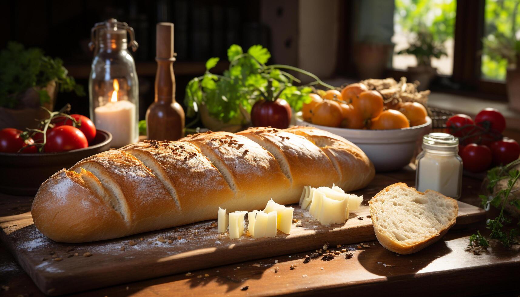 ai generiert frisch gebacken hausgemacht Brot auf rustikal hölzern Tisch, ein gesund Snack generiert durch ai foto