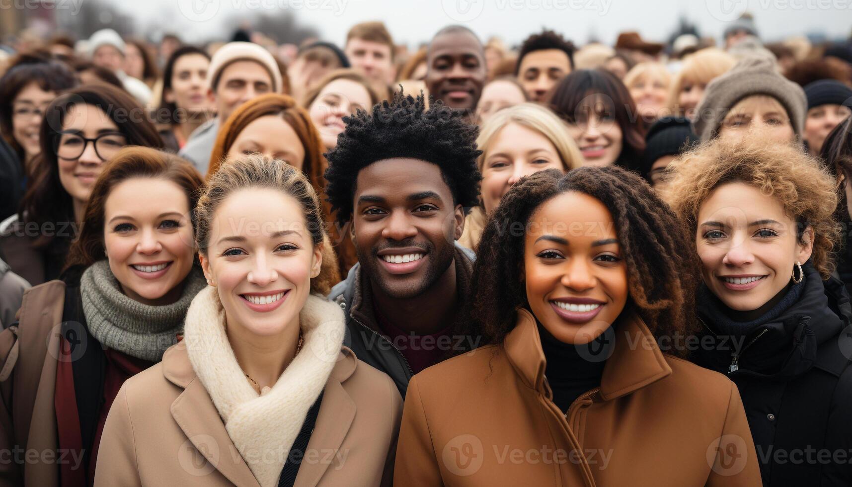 ai generiert ein heiter Gruppe von jung Erwachsene lächelnd, Verbindung draußen generiert durch ai foto