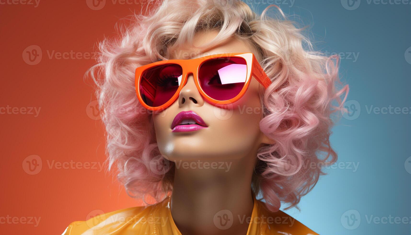 ai generiert jung Frau mit blond Haar tragen Sonnenbrille und modisch Kleidung generiert durch ai foto