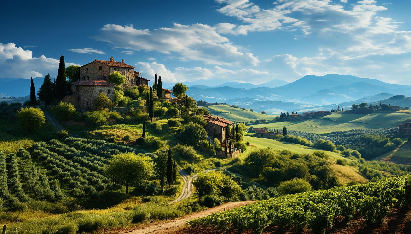 ai generiert idyllisch Italienisch Bauernhaus im rollen Landschaft, umgeben durch Weinberge generiert durch ai foto