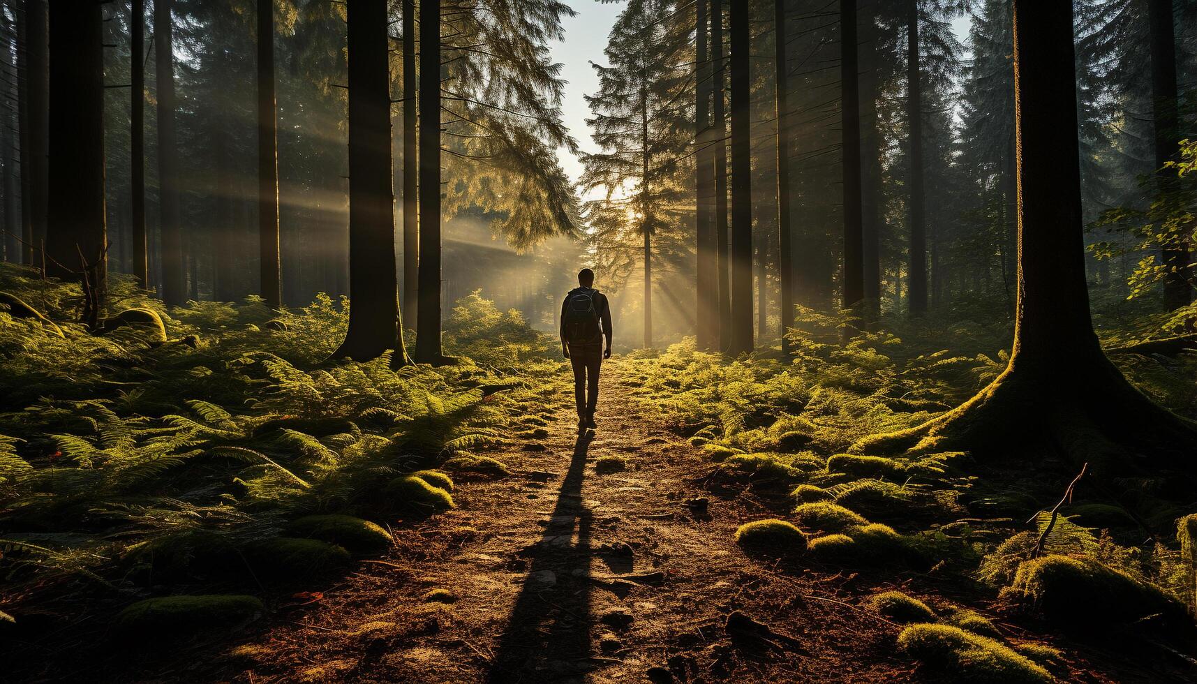 ai generiert einer Person Wandern durch nebelig Wald, Umarmen Einsamkeit und Geheimnis generiert durch ai foto