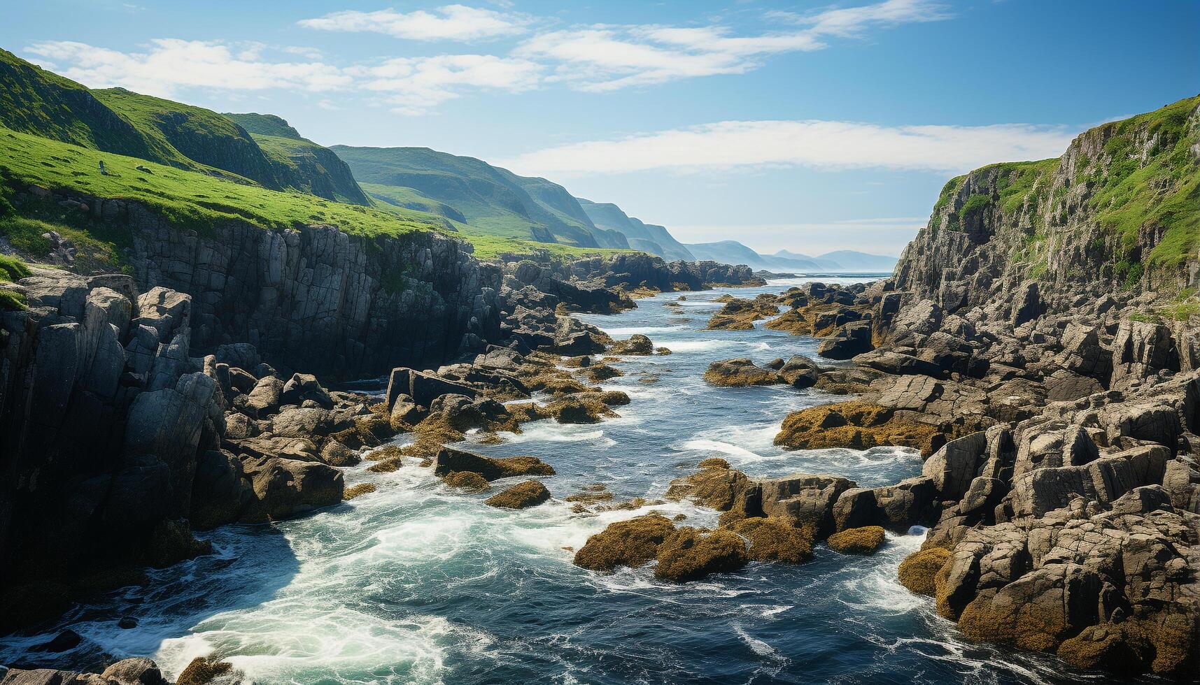 ai generiert majestätisch Berg Gipfel, still Wasser Rand, Fernbedienung Asturien Landschaft generiert durch ai foto