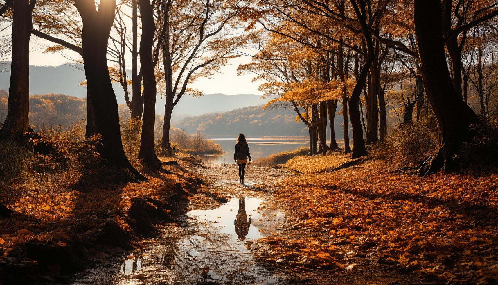 ai generiert einer Person Gehen im das Herbst Wald, genießen Einsamkeit und Entspannung generiert durch ai foto
