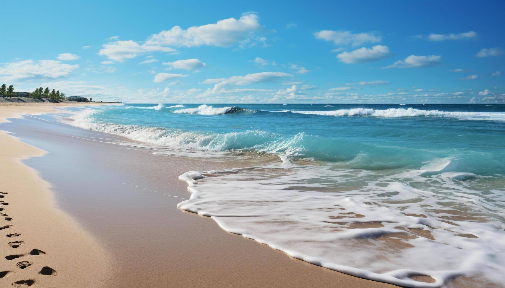 ai generiert still Seelandschaft Blau Wasser, sandig Küste, Wellen spritzen, Sommer- Entspannung generiert durch ai foto