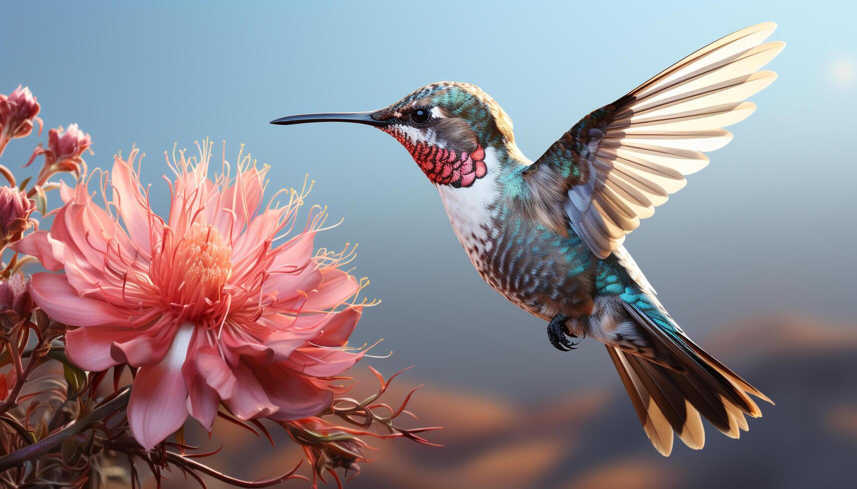 ai generiert Kolibri fliegend, beschwingt Farben, bestäubend Blume, Schönheit im Natur generiert durch ai foto