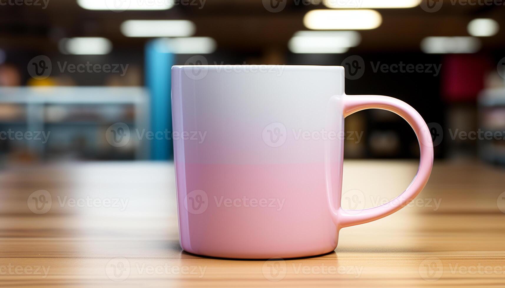 ai generiert Kaffee Tasse auf hölzern Schreibtisch im modern Kaffee Geschäft generiert durch ai foto
