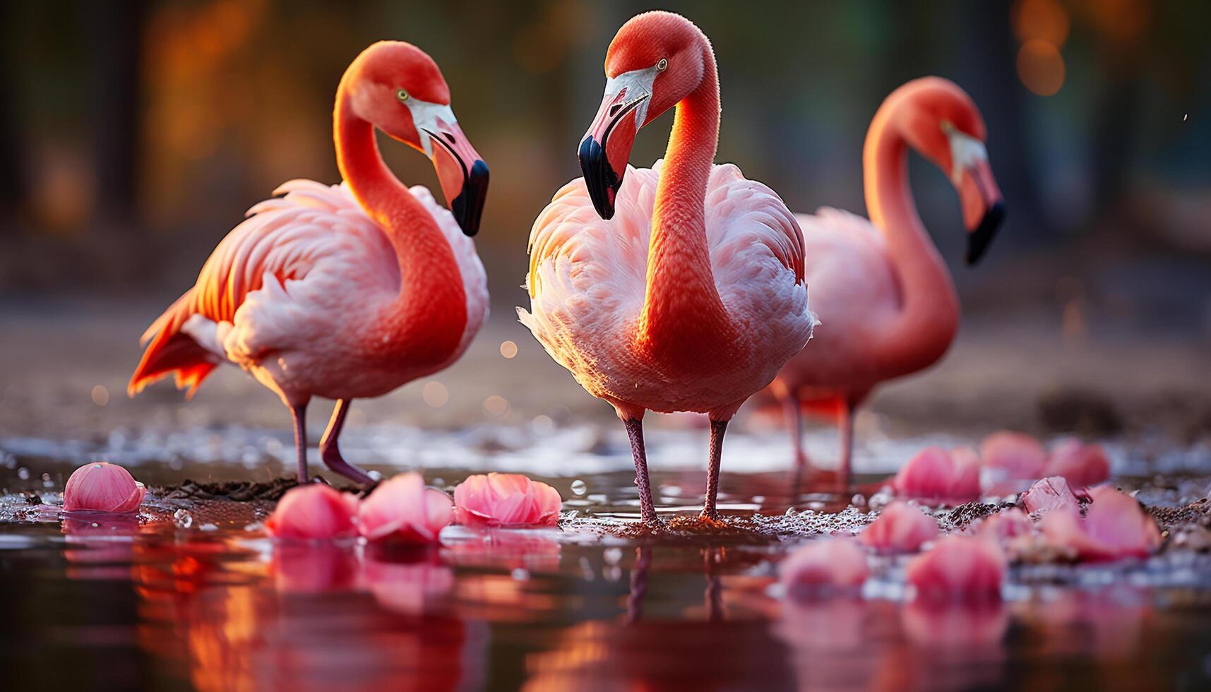 ai generiert ein Gruppe von beschwingt, multi farbig Vögel reflektieren im ein still Teich generiert durch ai foto